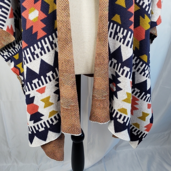 Wild Pearl Aztec Design Open Front Cardigan Lagen Look Blue & Orange Knit Sz M. - Picture 4 of 16
